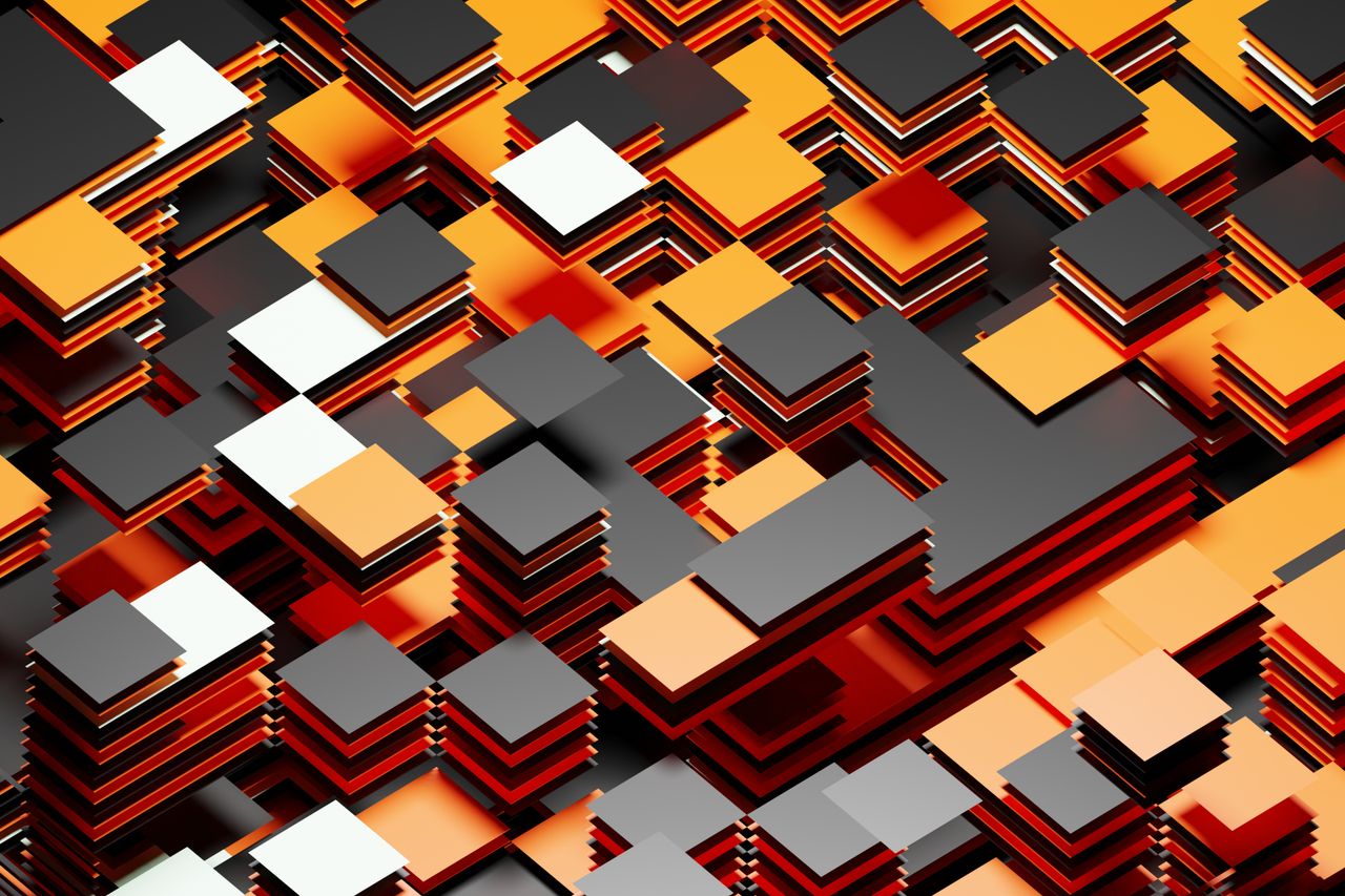 Dynamic abstract image of layered geometric blocks in bold orange, black, and white colors.