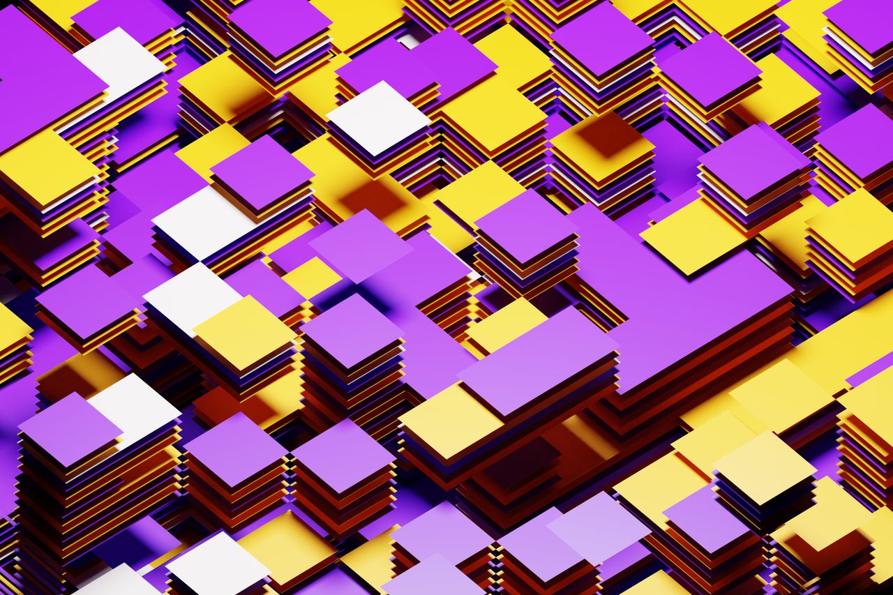 Vibrant 3D abstract geometric pattern with yellow, violet, and white blocks.